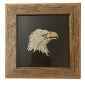 Framed Needlepoint Eagle Under Glass Vintage Handmade Rustic Barnwood Frame